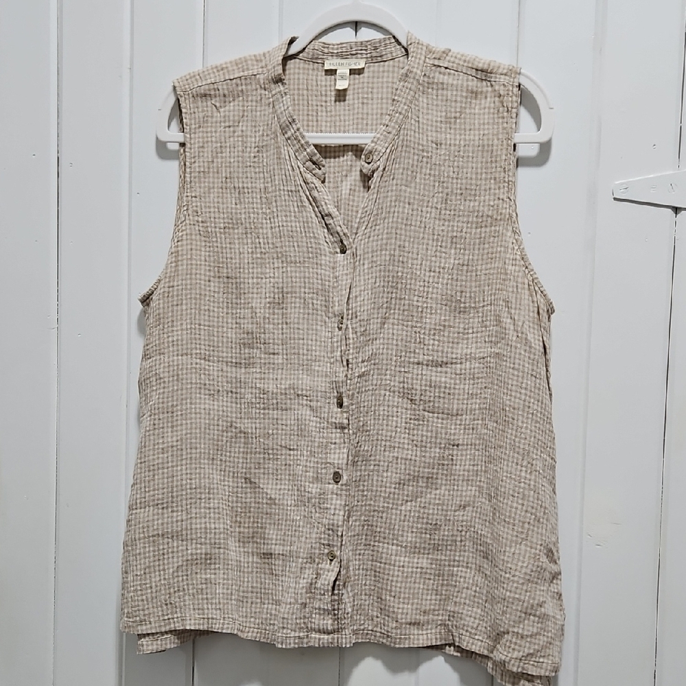Eileen Fisher Sleeveless Tan Checkered Shirt
